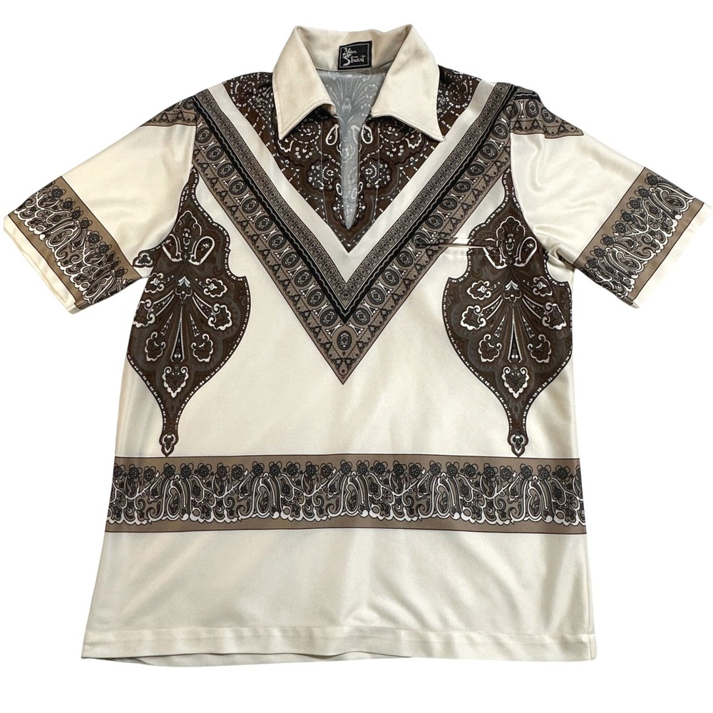 Vintage 70s Alan Stuart Men Short Sleeve Shirt Paisley Size M 15 15 1/2 Designer